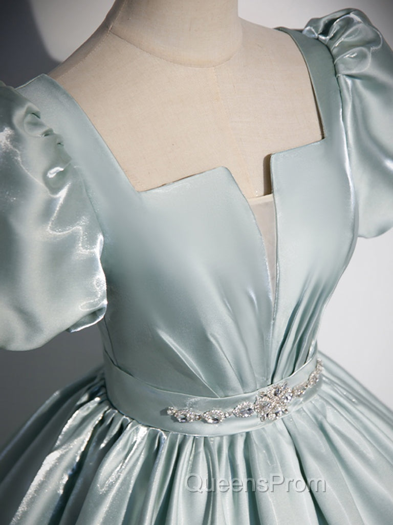 A-Line Blue Satin Long Evening Prom Dress, Blue Long Evening Dress