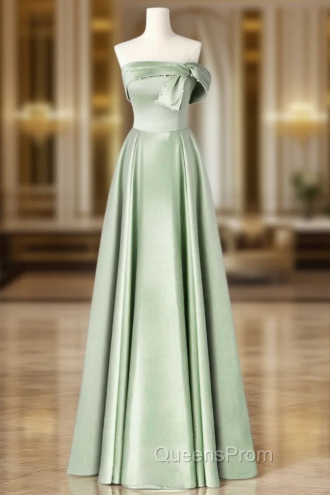 A-Line Blue Satin Long Evening Prom Dress, Blue Evening Dress