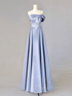 A-Line Blue Satin Long Evening Prom Dress, Blue Evening Dress