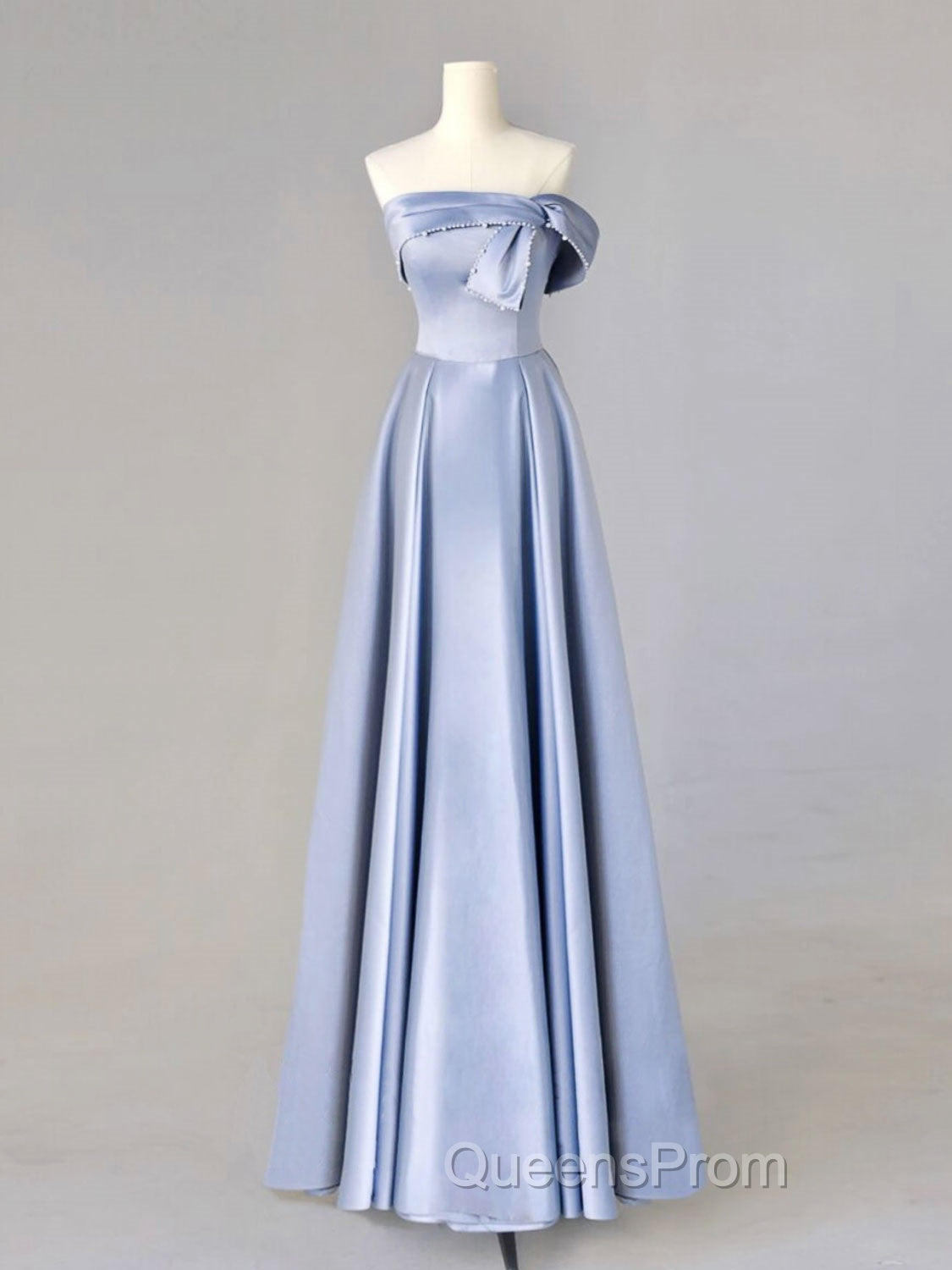 A-Line Blue Satin Long Evening Prom Dress, Blue Evening Dress