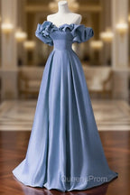 A-line Blue Satin Off Shoulder Long Evening Dress, Long Evening Dress Party Dress