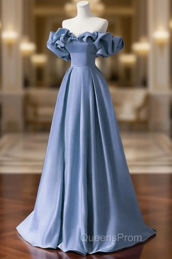 A-line Blue Satin Off Shoulder Long Evening Dress, Long Evening Dress Party Dress