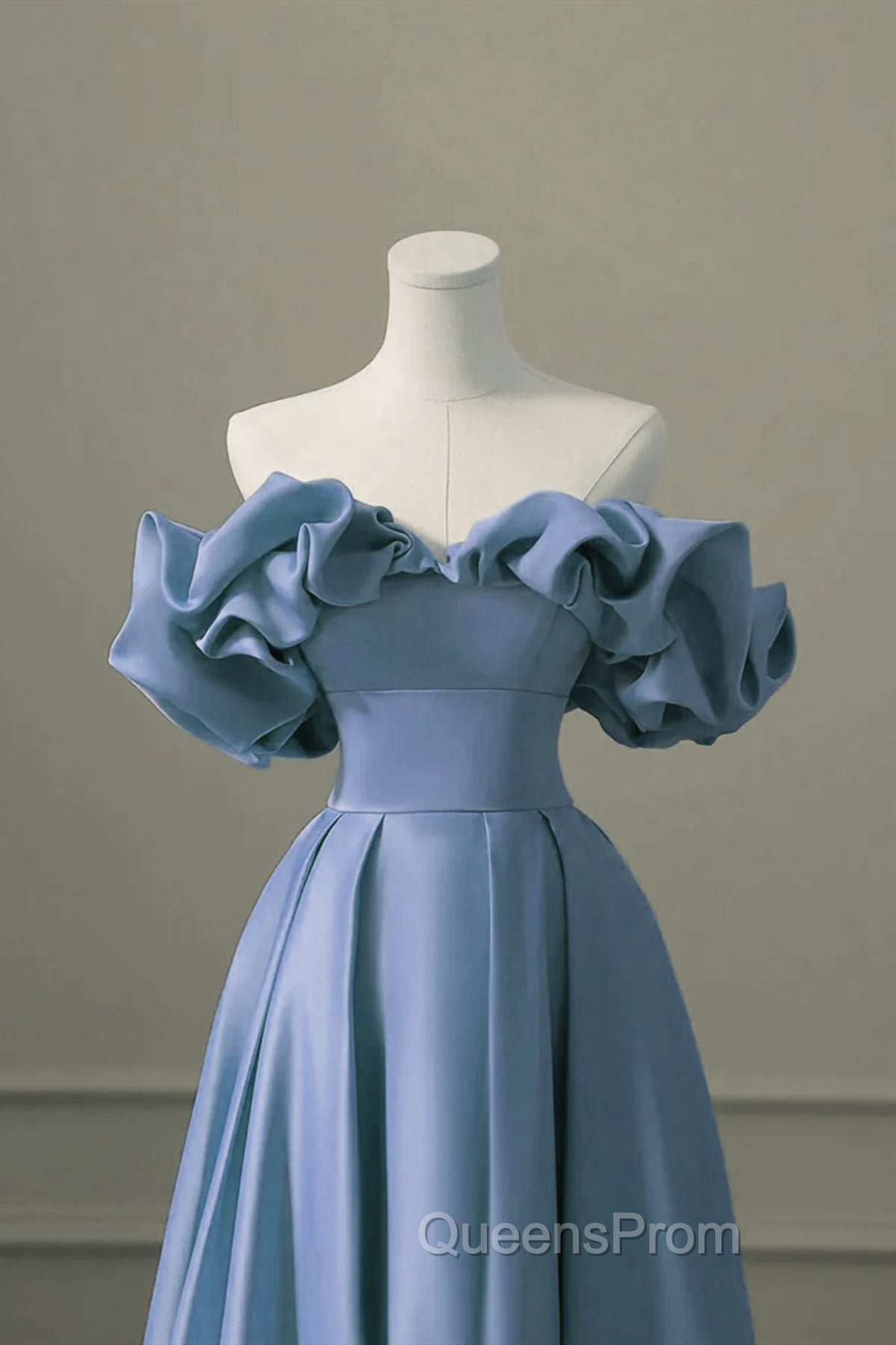 A-line Blue Satin Off Shoulder Long Evening Dress, Long Evening Dress Party Dress