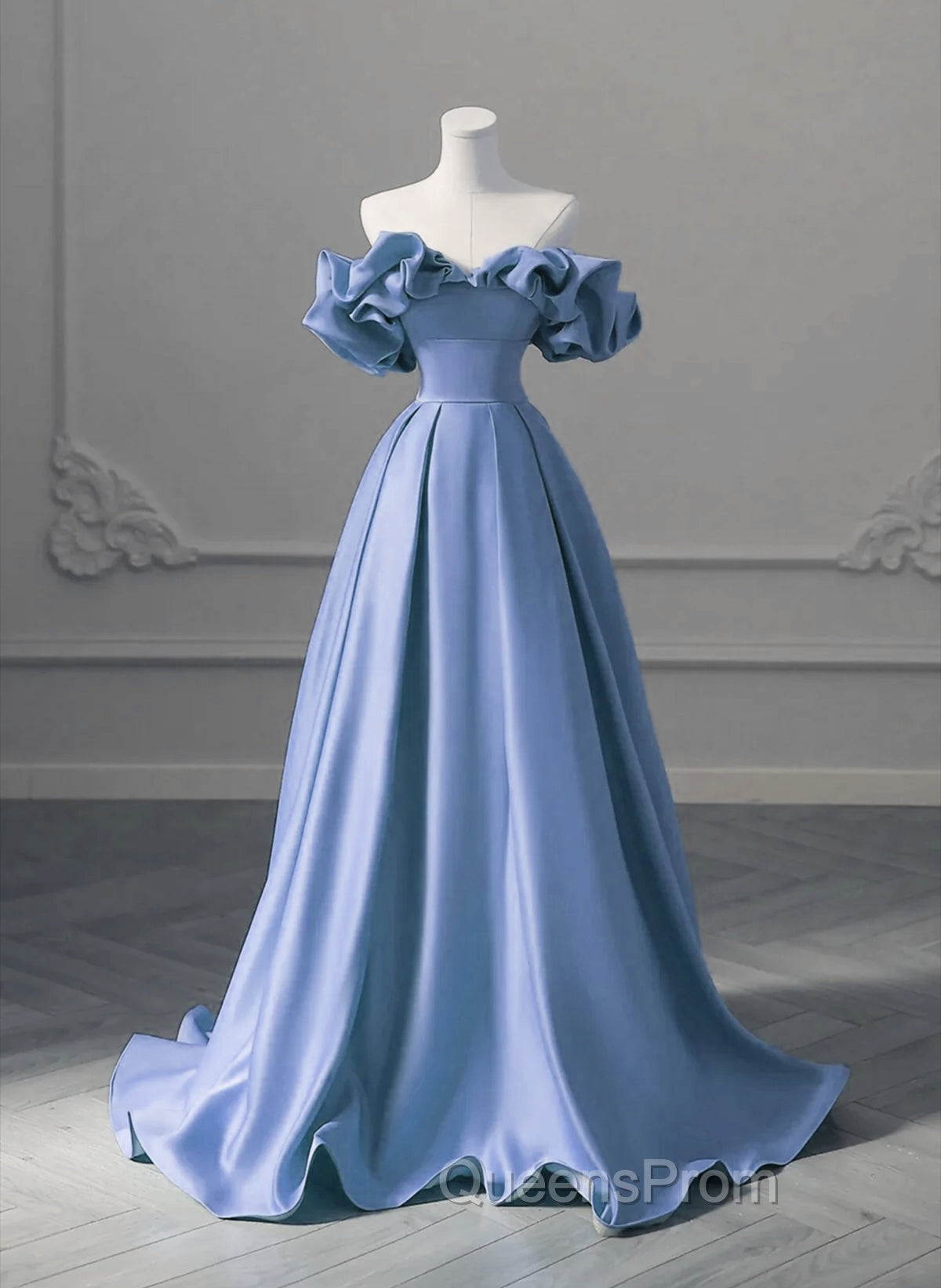 A-line Blue Satin Off Shoulder Long Evening Dress, Long Evening Dress Party Dress Secondary image