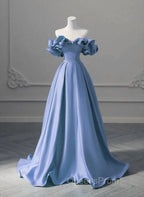 A-line Blue Satin Off Shoulder Long Evening Dress, Long Evening Dress Party Dress