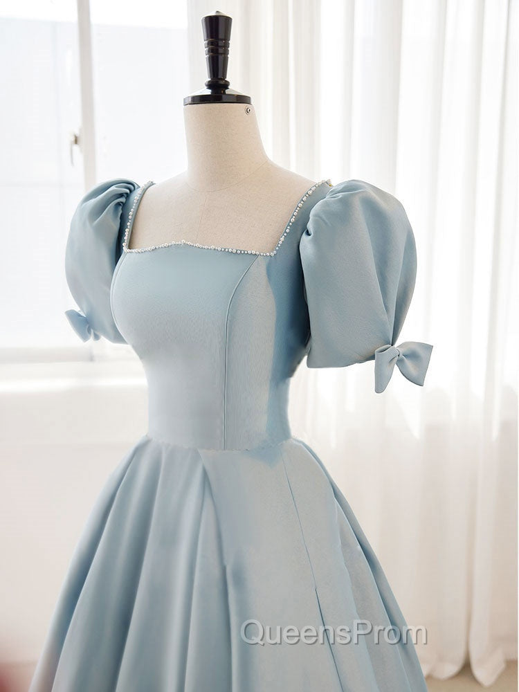 A-Line Blue Satin Puffy Sleeve Long Evening Prom Dress, Blue Evening Dress