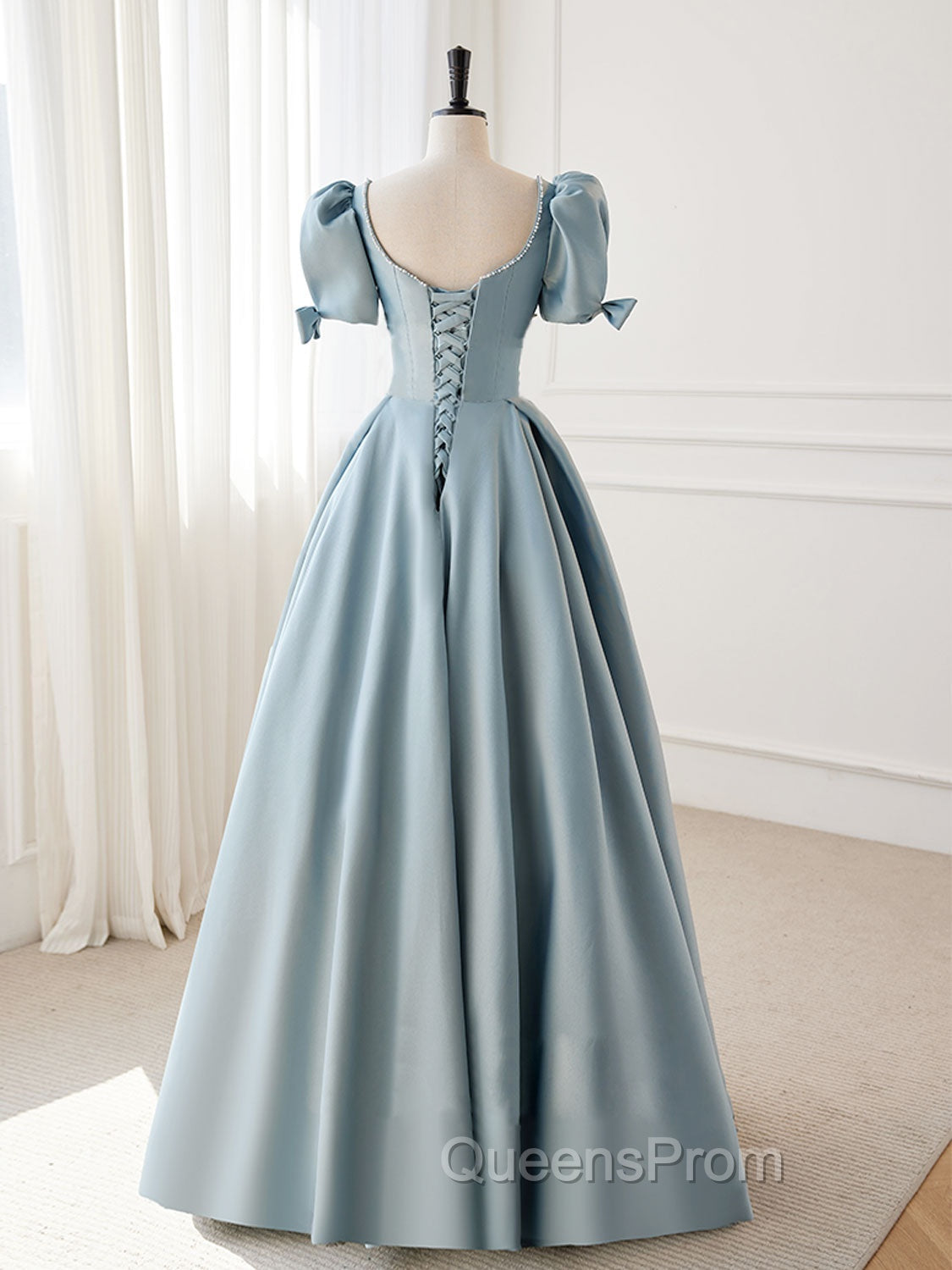 A-Line Blue Satin Puffy Sleeve Long Evening Prom Dress, Blue Evening Dress