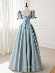 A-Line Blue Satin Puffy Sleeve Long Evening Prom Dress, Blue Evening Dress