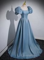 A-Line Blue Satin Short Sleeves Long Party Dress, Blue Short Sleeves Evening Prom Dress
