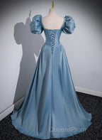 A-Line Blue Satin Short Sleeves Long Party Dress, Blue Short Sleeves Evening Prom Dress