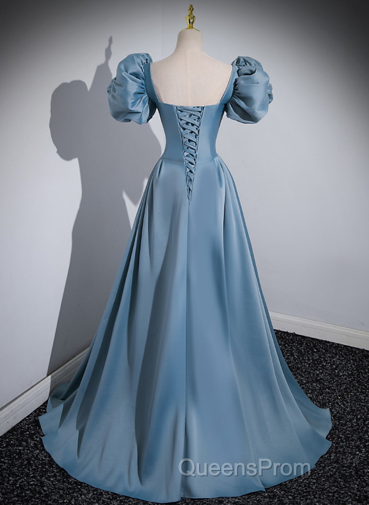 A-Line Blue Satin Short Sleeves Long Party Dress, Blue Short Sleeves Evening Prom Dress