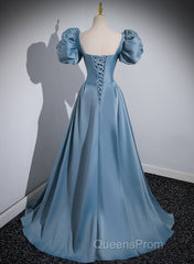 A-Line Blue Satin Short Sleeves Long Party Dress, Blue Short Sleeves Evening Prom Dress