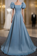 A-Line Blue Satin Short Sleeves Long Party Dress, Blue Short Sleeves Evening Prom Dress