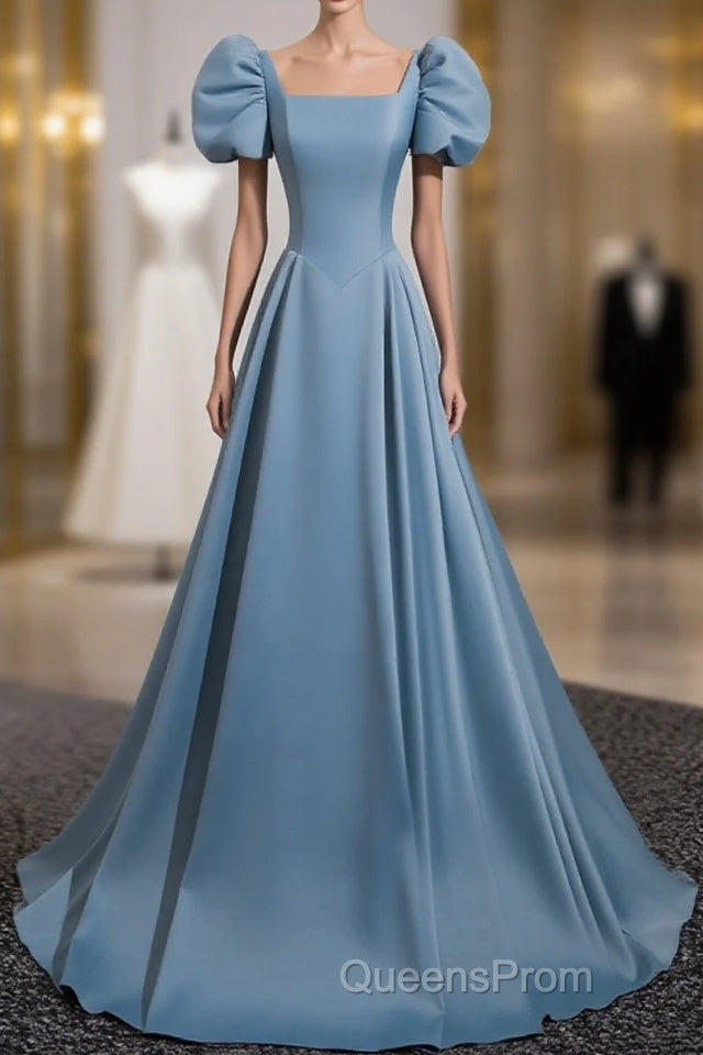 A-Line Blue Satin Short Sleeves Long Party Dress, Blue Short Sleeves Evening Prom Dress