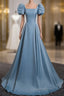 A-Line Blue Satin Short Sleeves Long Party Dress, Blue Short Sleeves Evening Prom Dress
