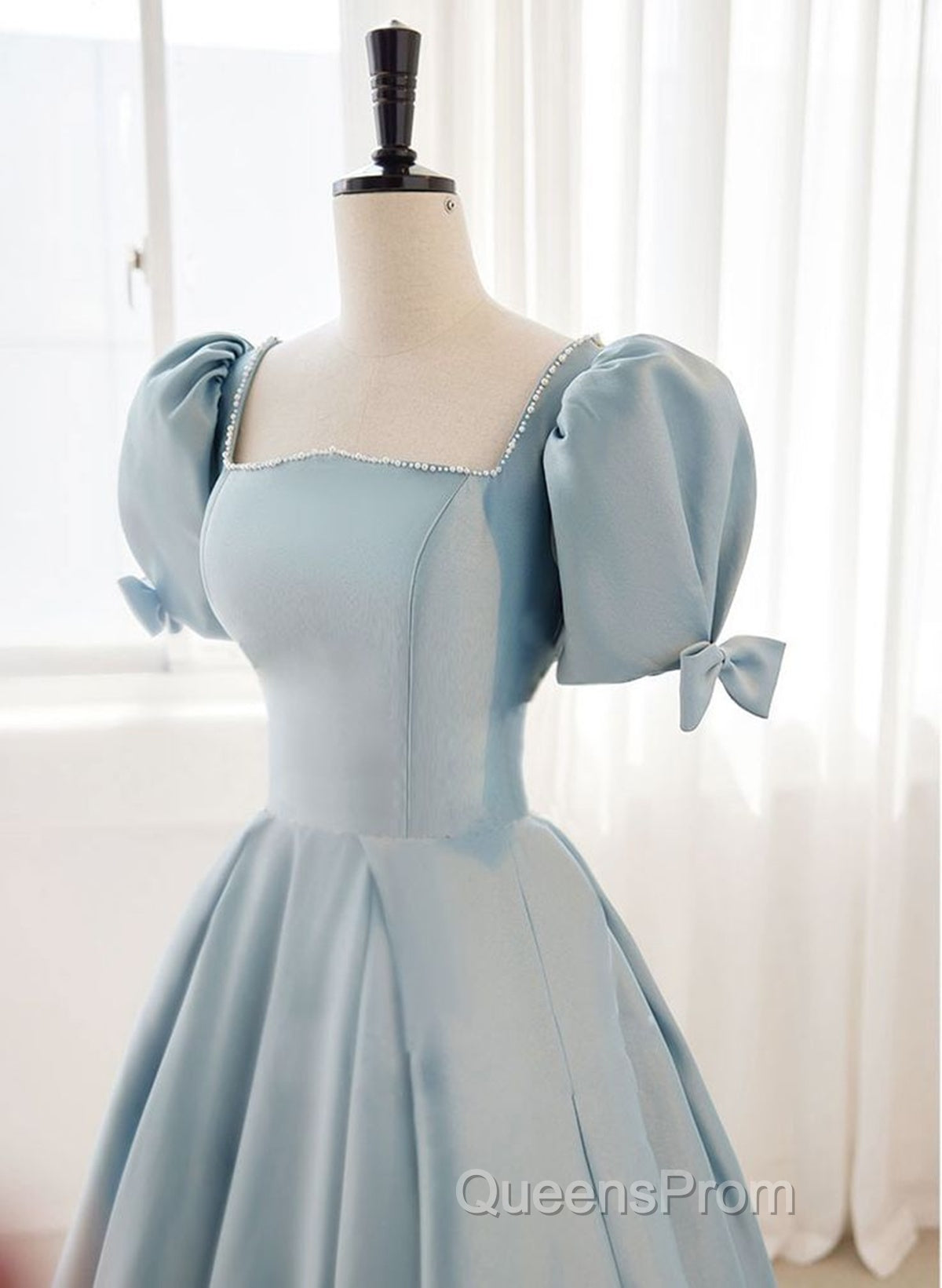 A-Line Blue Satin Short Sleevs Long Formal Dress, Blue Simple Floor Length Evening Prom Dress