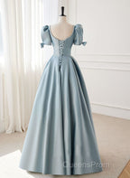 A-Line Blue Satin Short Sleevs Long Formal Dress, Blue Simple Floor Length Evening Prom Dress