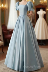 A-Line Blue Satin Short Sleevs Long Formal Dress, Blue Simple Floor Length Evening Prom Dress