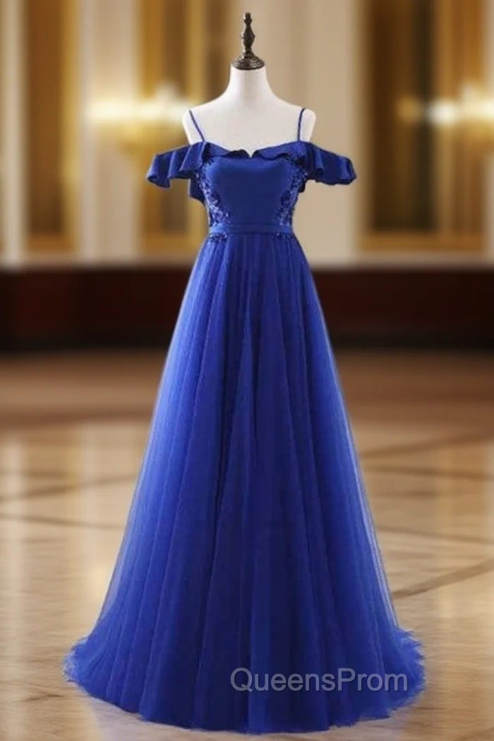 A-Line Blue Satin Tulle Spaghetti Straps Appliques Evening Prom Dress
