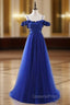 A-Line Blue Satin Tulle Spaghetti Straps Appliques Evening Prom Dress