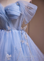 A-Line Blue Short Off Shoulder Knee Length Homecoming Dress, Blue Short Evening Prom Dress
