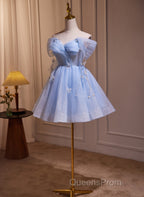 A-Line Blue Short Off Shoulder Knee Length Homecoming Dress, Blue Short Evening Prom Dress