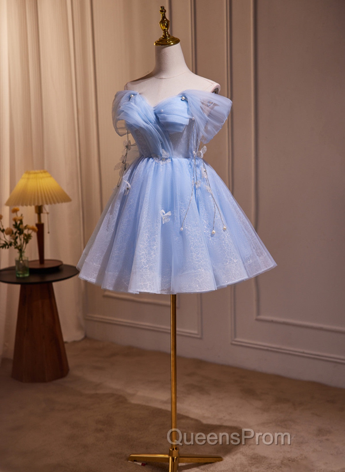 A-Line Blue Short Off Shoulder Knee Length Homecoming Dress, Blue Short Evening Prom Dress