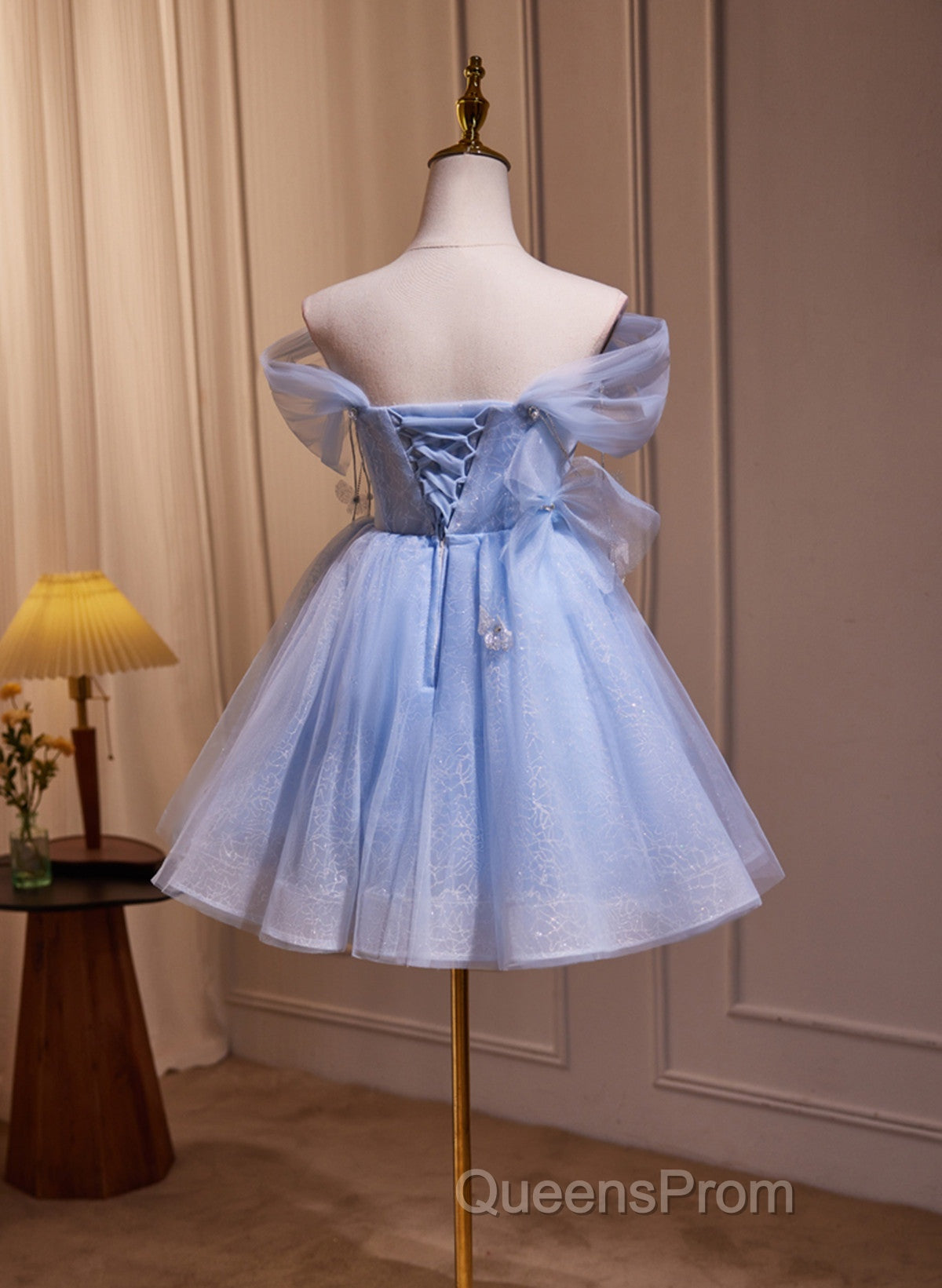 A-Line Blue Short Off Shoulder Knee Length Homecoming Dress, Blue Short Evening Prom Dress