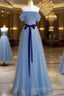 A-Line Blue Simple Off Shoulder Floor Length Evening Prom Dress, Blue Long Party Dress