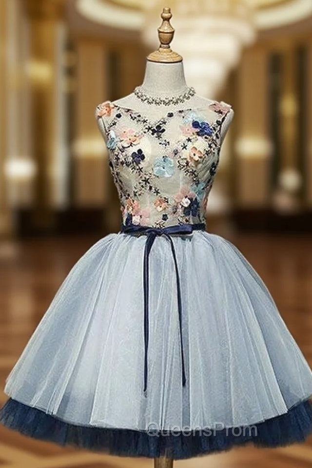 A-Line Blue Tulle Appliques Backless Homecoming Dress