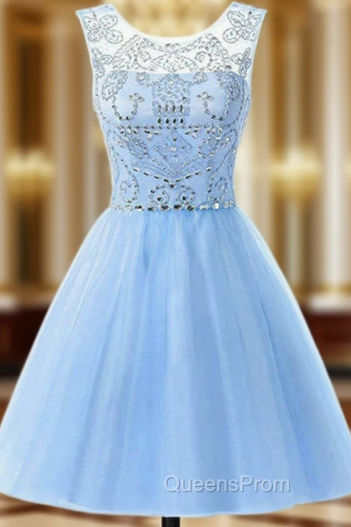 A-Line Blue Tulle Beading Backless Homecoming Dress Main image