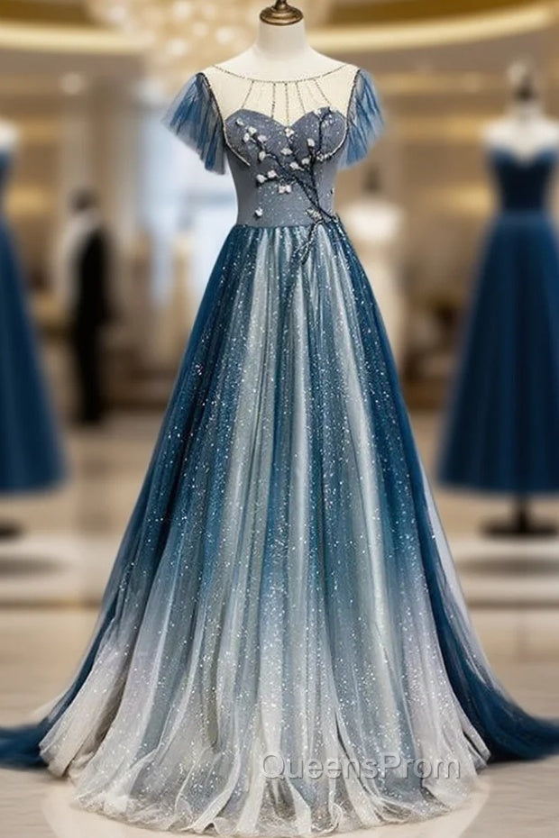 A-Line Blue Tulle Beading Backless Evening Prom Dress Main image