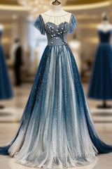 A-Line Blue Tulle Beading Backless Evening Prom Dress