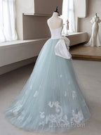 A-Line Blue Tulle Lace Applique Long Evening Prom Dress, Blue Long Formal Dress
