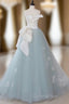 A-Line Blue Tulle Lace Applique Long Evening Prom Dress, Blue Long Formal Dress