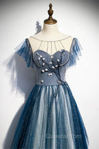 A-line Blue Tulle Long Beaded Evening Prom Dress, A-Line Evening Dress