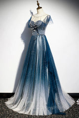 A-line Blue Tulle Long Beaded Evening Prom Dress, A-Line Evening Dress