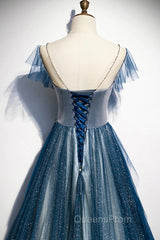 A-line Blue Tulle Long Beaded Evening Prom Dress, A-Line Evening Dress