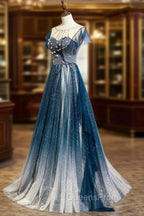 A-line Blue Tulle Long Beaded Evening Prom Dress, A-Line Evening Dress