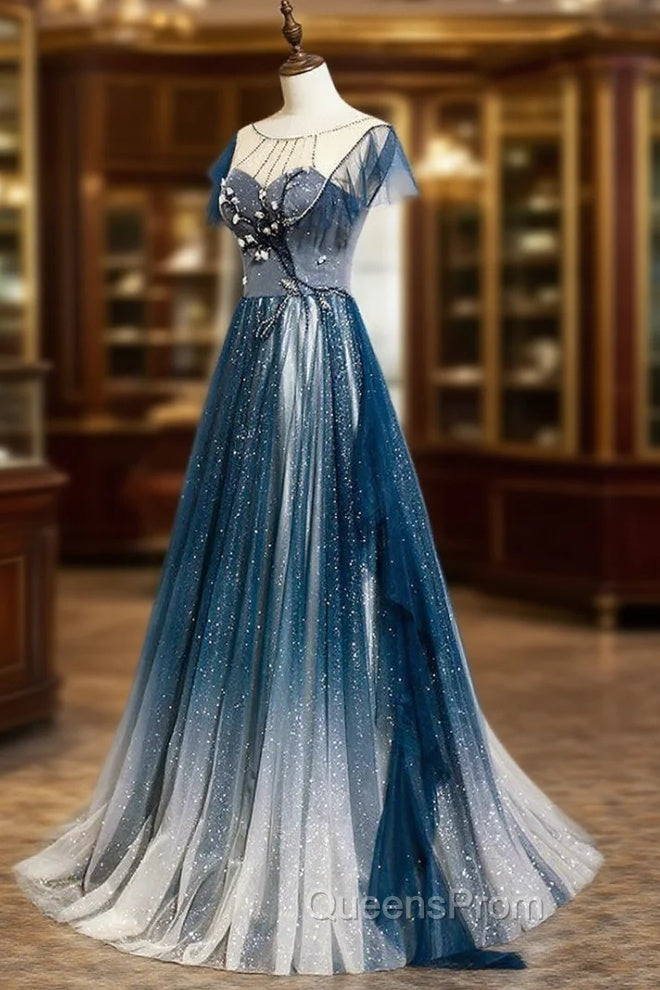 A-line Blue Tulle Long Beaded Evening Prom Dress, A-Line Evening Dress