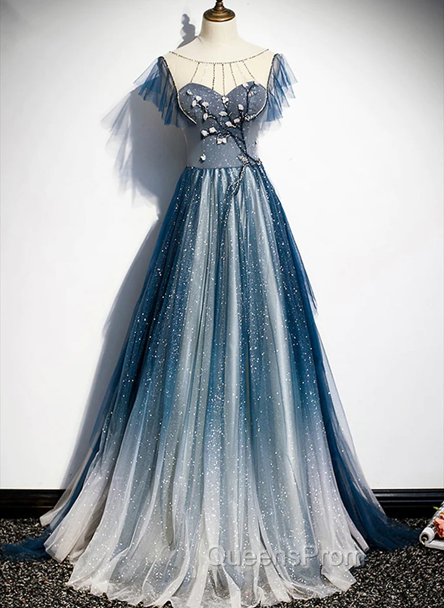A-line Blue Tulle Long Beaded Evening Prom Dress, A-Line Evening Dress Main image