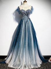 A-line Blue Tulle Long Beaded Evening Prom Dress, A-Line Evening Dress