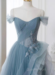 A-Line Blue Tulle Long Party Dress With Lace, Off Shoulder Tulle Evening Prom Dress