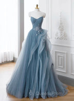 A-Line Blue Tulle Long Party Dress With Lace, Off Shoulder Tulle Evening Prom Dress