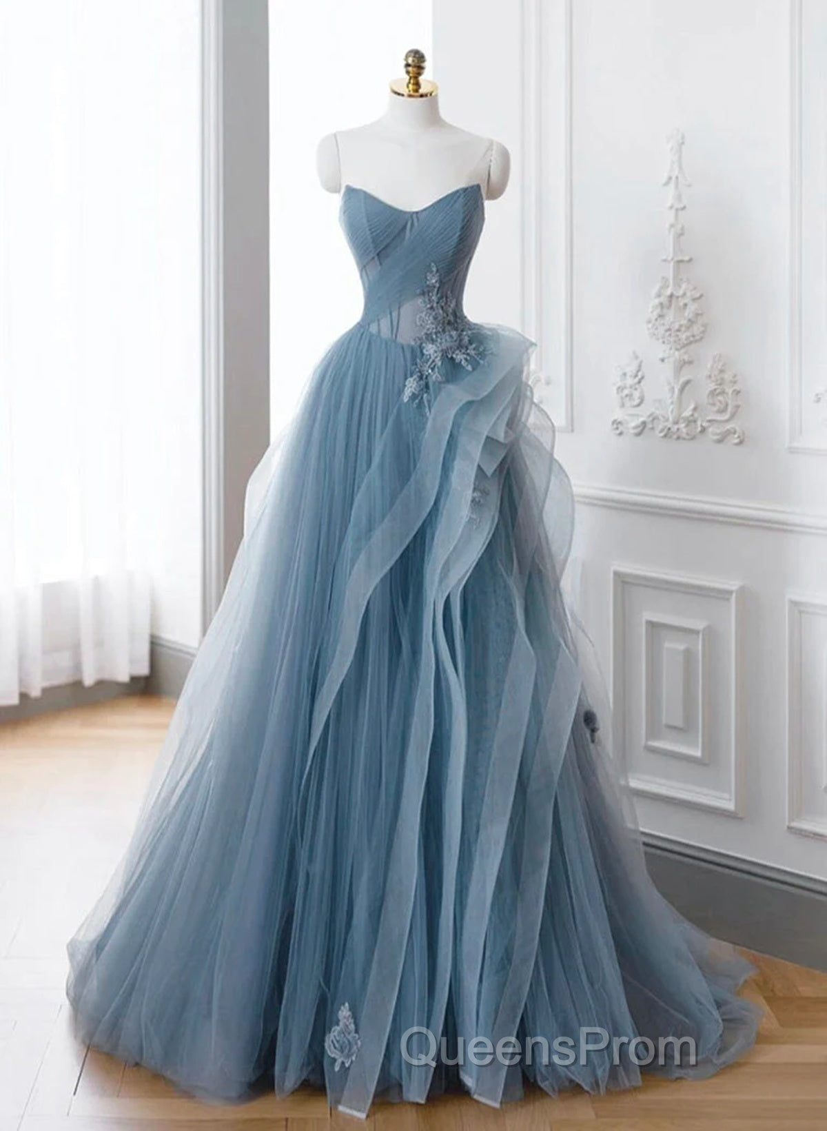 A-Line Blue Tulle Long Party Dress With Lace, Off Shoulder Tulle Evening Prom Dress