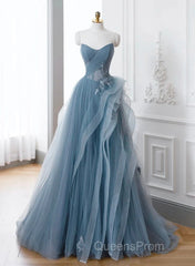 A-Line Blue Tulle Long Party Dress With Lace, Off Shoulder Tulle Evening Prom Dress