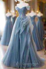 A-Line Blue Tulle Long Party Dress With Lace, Off Shoulder Tulle Evening Prom Dress