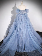 A-line Blue Tulle Long Evening Prom Dress, Blue Long Evening Dress