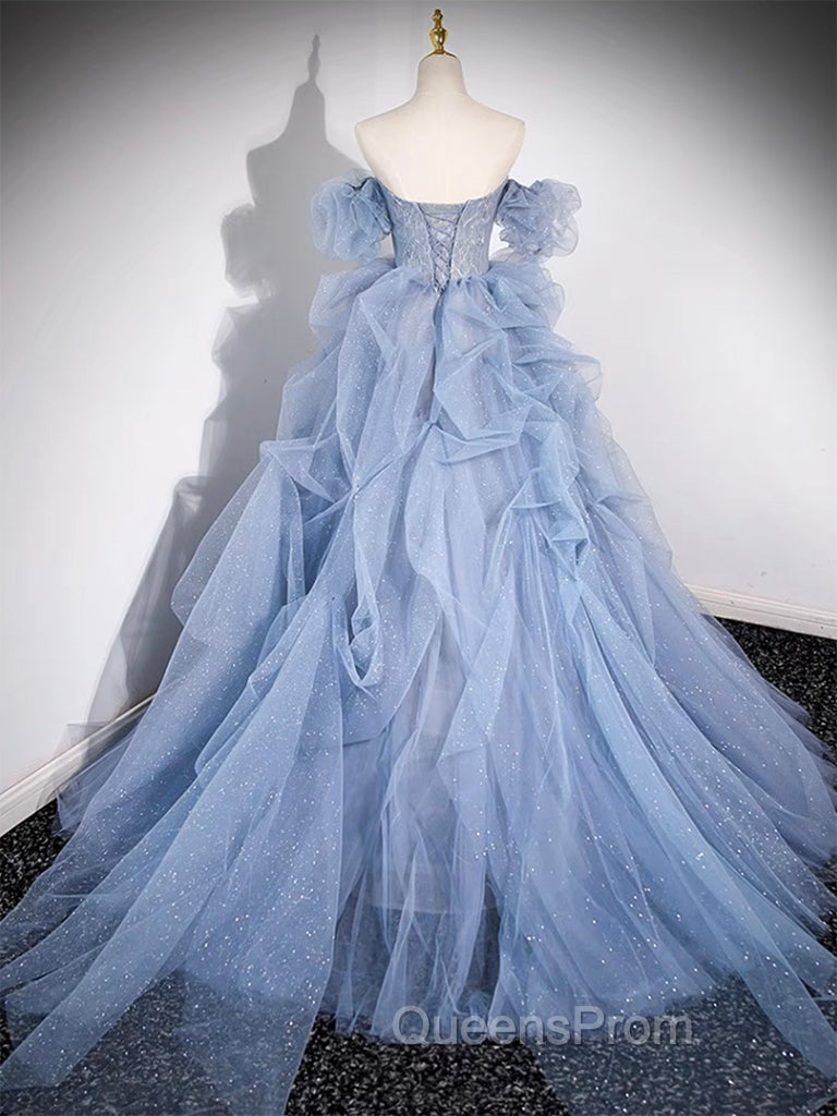 A-line Blue Tulle Long Evening Prom Dress, Blue Long Evening Dress