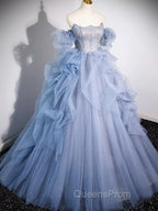 A-line Blue Tulle Long Evening Prom Dress, Blue Long Evening Dress